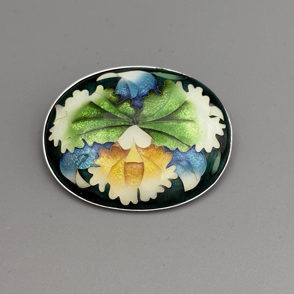 Vintage Art Deco Hanazume Cloisonne Brooch Iris Flower Floral Enamel Beautiful